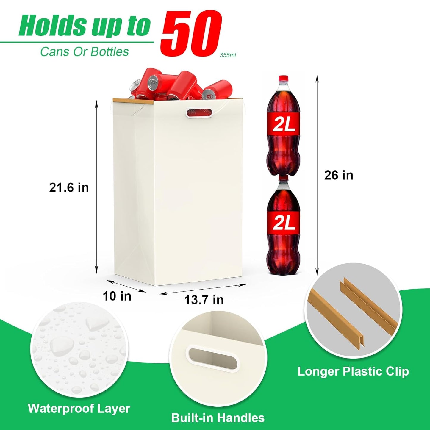 13 Gallon Disposable Trash Cans with Built-in Handles, 4 Pack Extra Large Portable Trash Can, Waterproof Layer Reusable Garbage Cans, Extra-Thick Cardboard Recycling Bins, Perfect for Parties, White