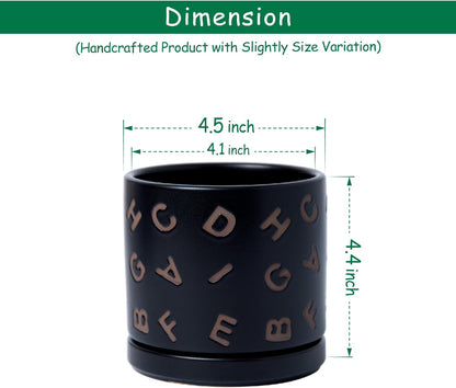 D'vine Dev Set of 2 Ceramic Planter Pots with Drainage Hole and Saucer, 4.5 Inch Plant Pots for Plants Indoor Houseplants, Black, 99-Z-G-2-V