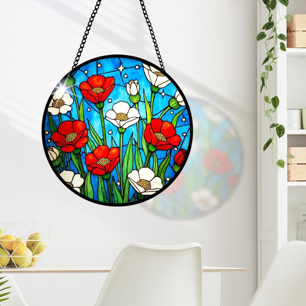 Red Flower Stained Glass Window Hanging, Bloom Suncatcher Panel for Indoor Outdoor Window Decoration, Glass Hanging Ornament for Garden Wall, Floral Ornament Gifts for Wedding, Birthday, Housewarming