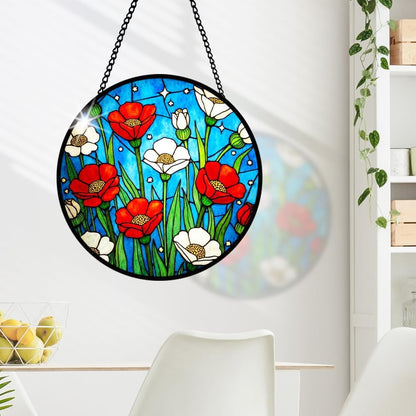 Red Flower Stained Glass Window Hanging, Bloom Suncatcher Panel for Indoor Outdoor Window Decoration, Glass Hanging Ornament for Garden Wall, Floral Ornament Gifts for Wedding, Birthday, Housewarming