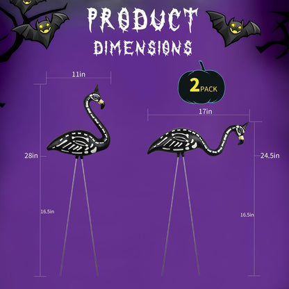 Halloween Black Flamingo Skeleton,Skeleton Flamingo Glow in The Dark, Zombie Flamingos for Spooky Graveyard Decorations, Skull Flamingo with Stakes for Halloween Lawn Ornaments, 2 Pack