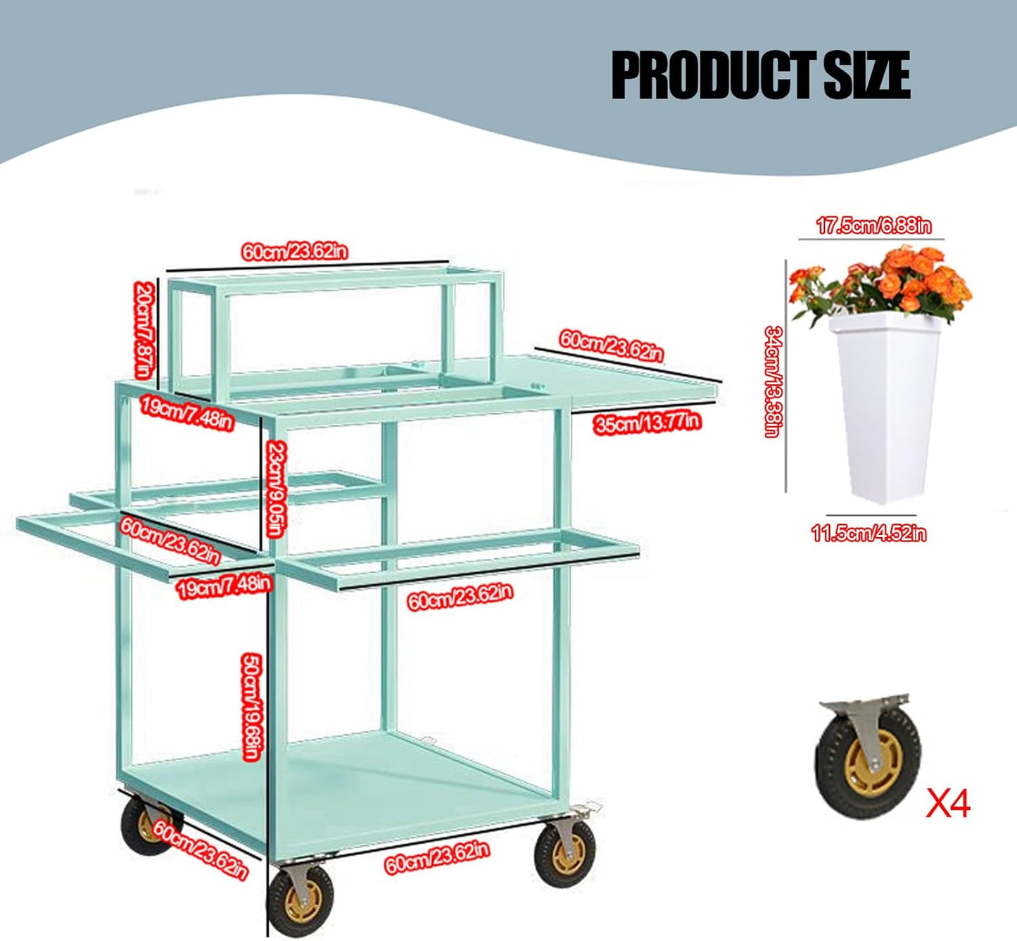 Metal Garden Cart Plant Stand with 18pcs Buckets and parasols, Slide Out Rolling Flower Display Rack, for Florist, Patio Garden, Weddings Party, Business Market (White)