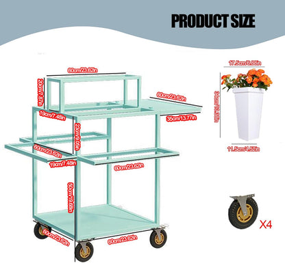 Metal Garden Cart Plant Stand with 18pcs Buckets and parasols, Slide Out Rolling Flower Display Rack, for Florist, Patio Garden, Weddings Party, Business Market (White)