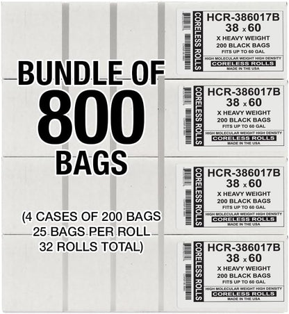 Aluf Plastics High Density Trash Bags, 60 Gallon, 800 Count, 17 Micron (eq), 38" x 60", Black, for Bathroom, Office, Industrial, Commercial, Janitorial, Municipal, Recycling