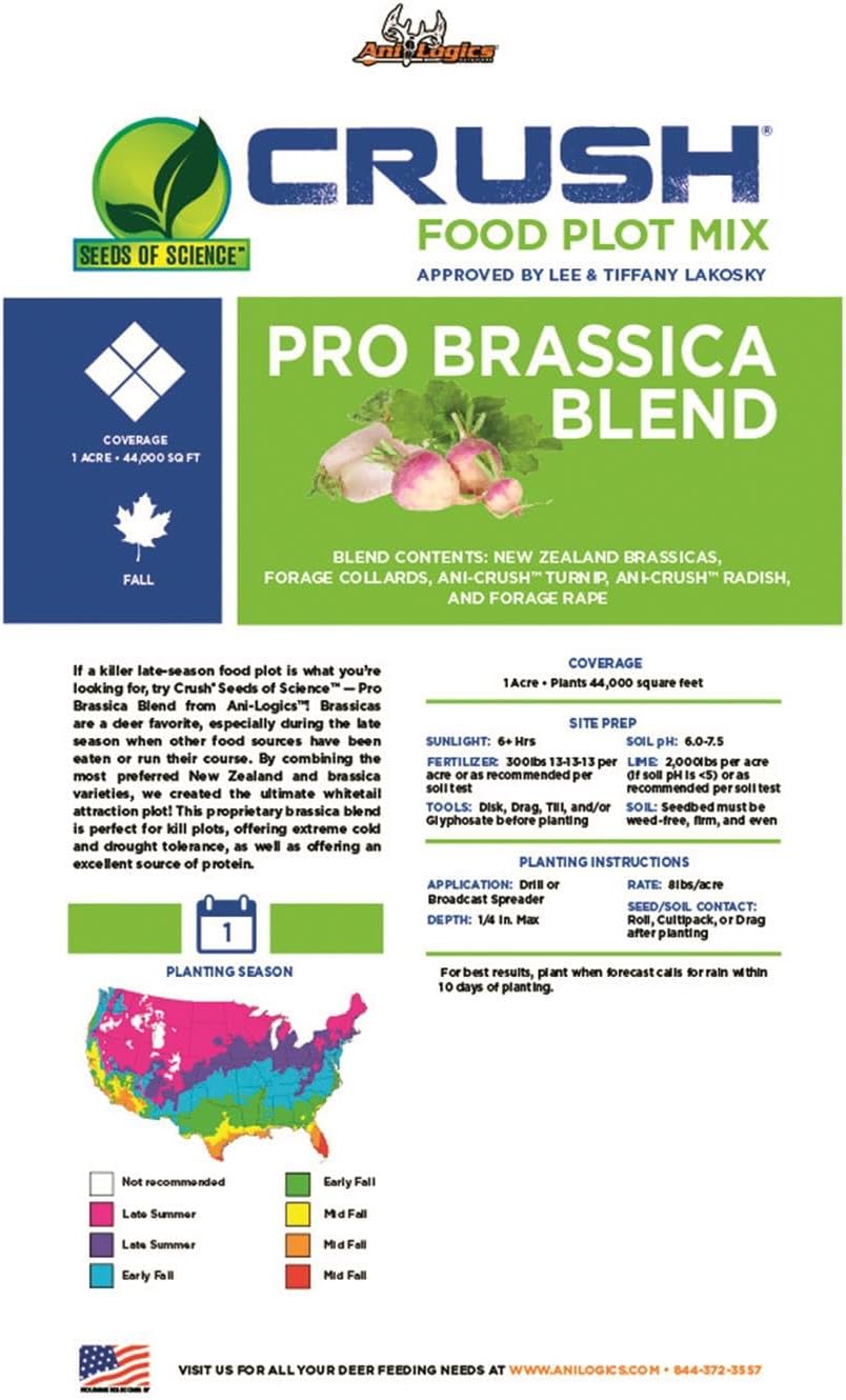 Crush Pro Brassica Blend - Fall Deer Food Plot Seed - Fast-Growing Brassicas for Heavy Graze, Strong Trail-Cam Traffic, and Repeat Site Visits - 8 lb