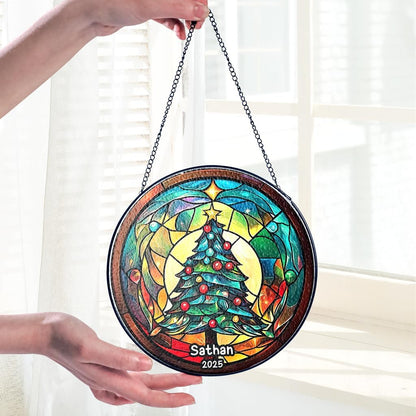 Personalized Stained Glass Christmas Tree Suncatcher, Christmas Handcraft Holiday Ornament with Name and Number, Gift for Family or Friend, Gift for Décor