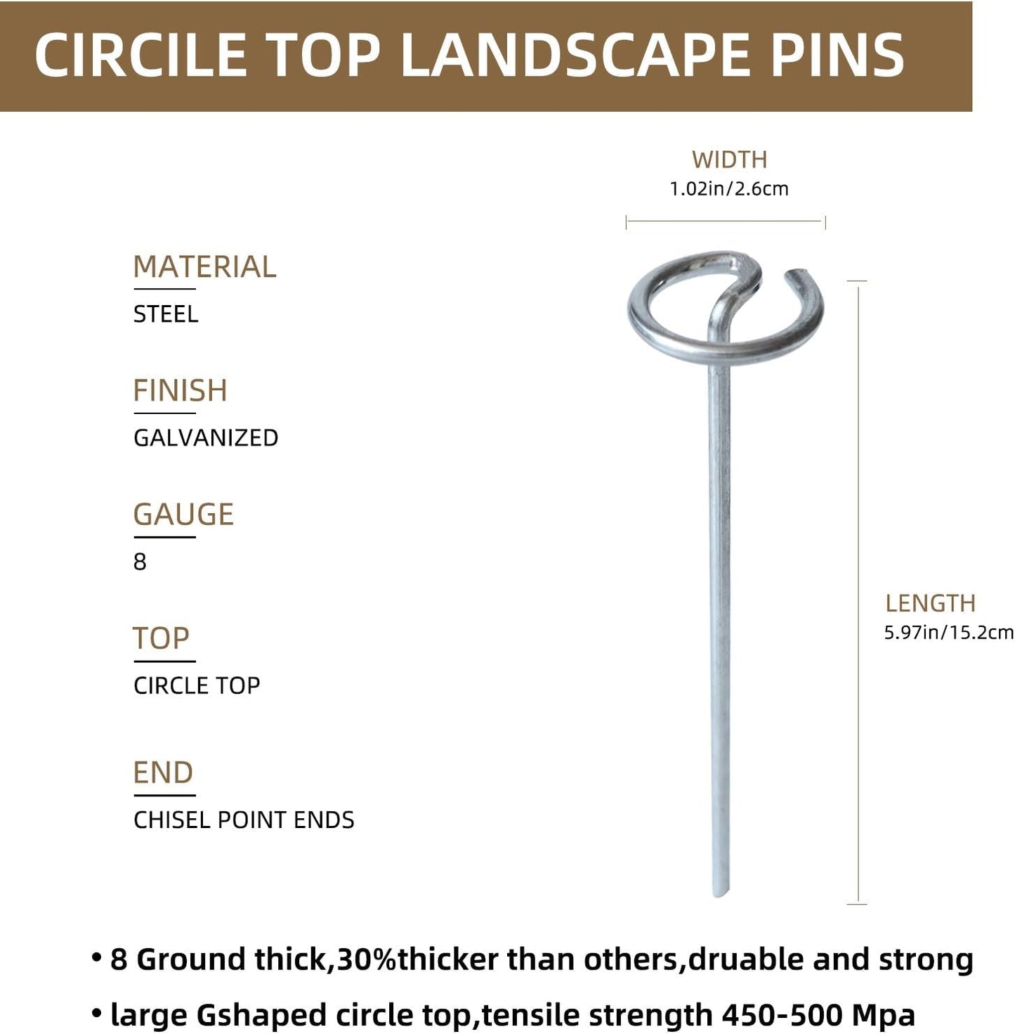 50 Pack 8 Gauge Galvanized Steel Landscape Pins, 1.3 Inch Circle Top, 6 Inch Length Heavy Duty Garden Stakes with Chisel Point, Rust-Resistant