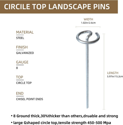 50 Pack 8 Gauge Galvanized Steel Landscape Pins, 1.3 Inch Circle Top, 6 Inch Length Heavy Duty Garden Stakes with Chisel Point, Rust-Resistant