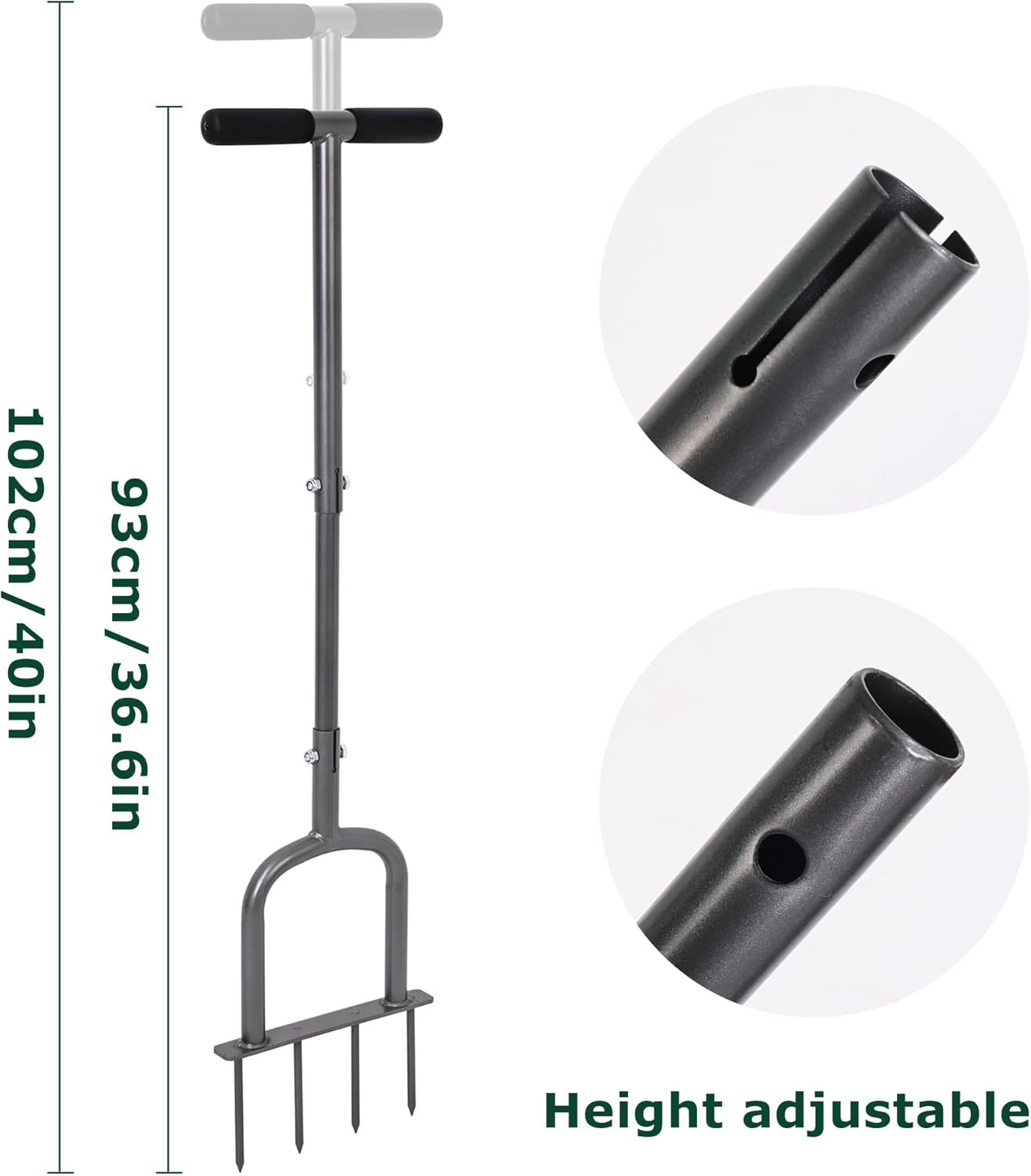 Manual Lawn Aerator for Compacted Soil Aerating - Height Adjustable Handheld Spike Aerator with 4 Steel Tines