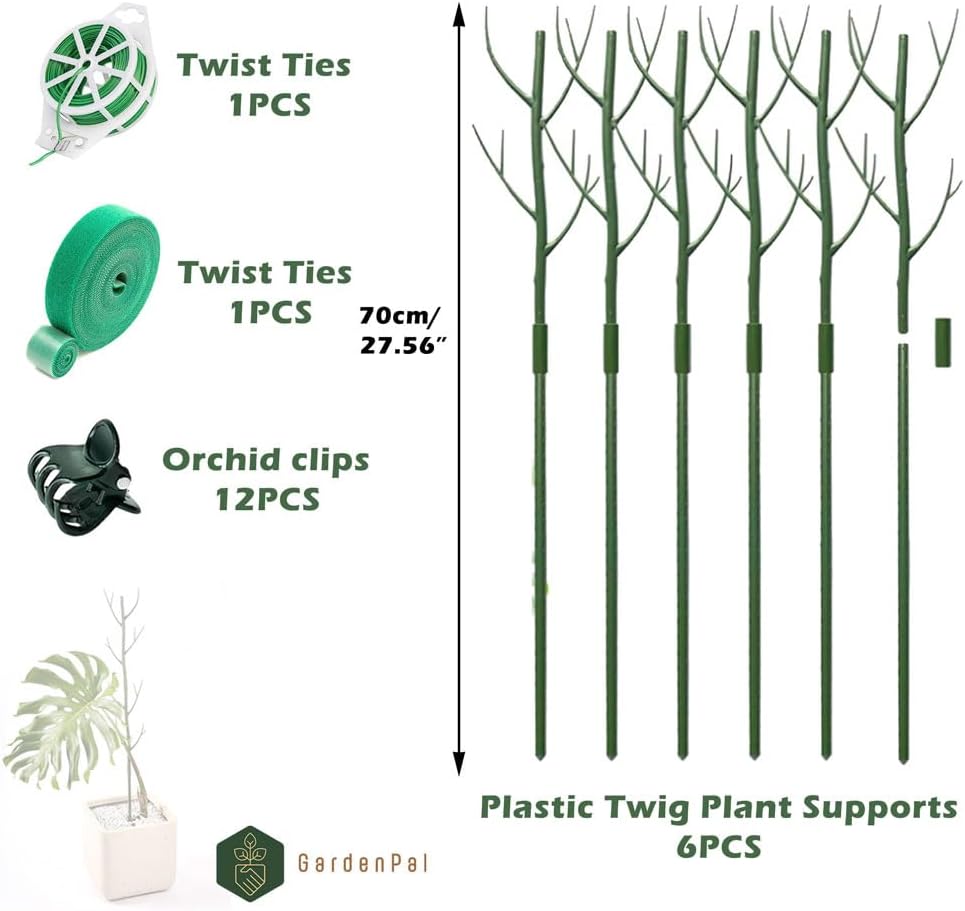 GardenPal 27.56" 6 Pack Detachable Twig Plant Support Stakes, Branch Sticks with Orchid Clips and Twist Ties, Blends with Plants - Ideal Plant Stakes for Indoor/Outdoor Use