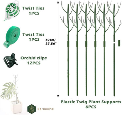 GardenPal 27.56" 6 Pack Detachable Twig Plant Support Stakes, Branch Sticks with Orchid Clips and Twist Ties, Blends with Plants - Ideal Plant Stakes for Indoor/Outdoor Use