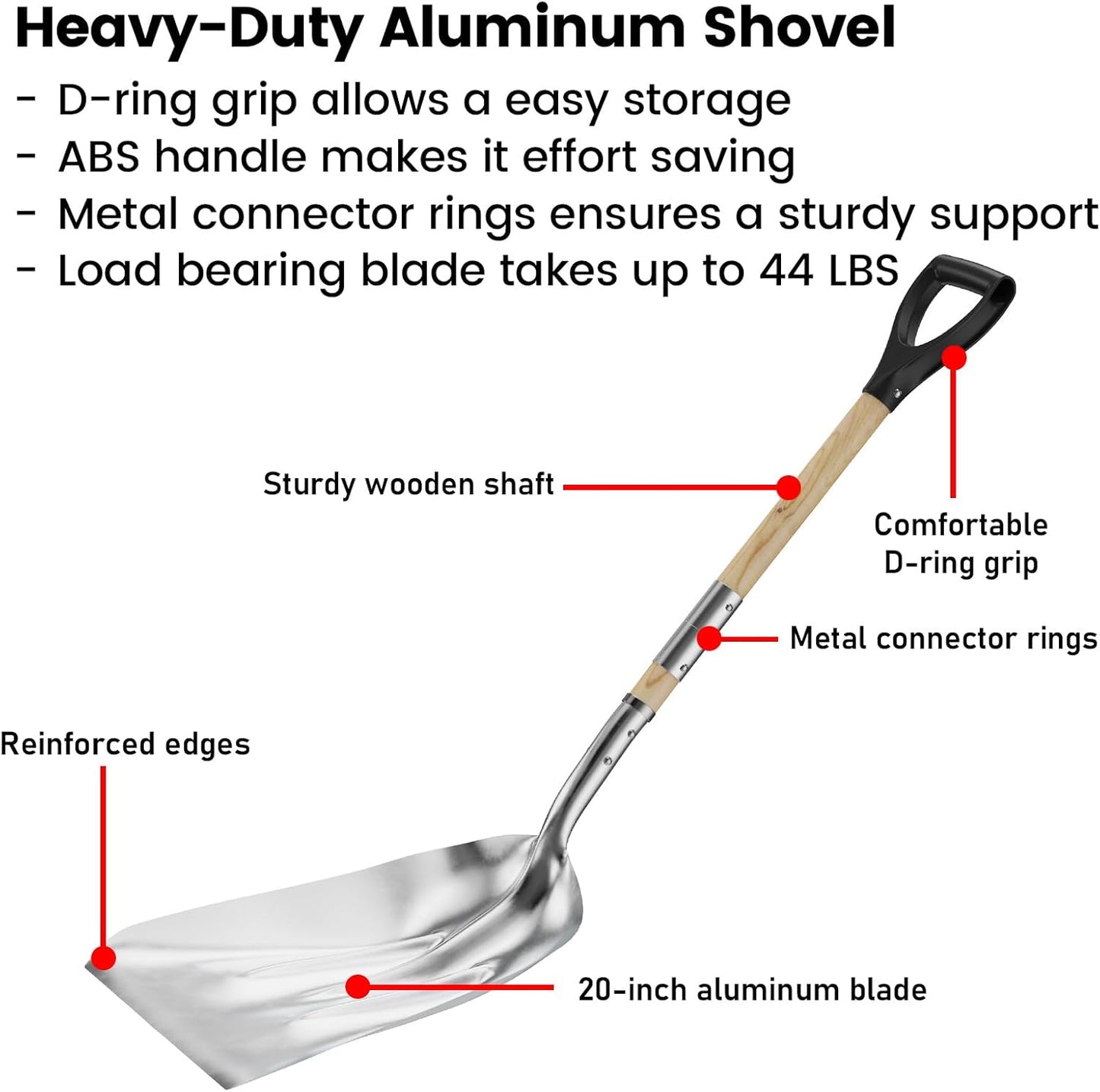 Aluminum Shovel with D-Handle - Stable While Light Weight (2.5 lbs) 20" Blade - Reinforced Edge Ergonomic Design Folding with Threaded Connection