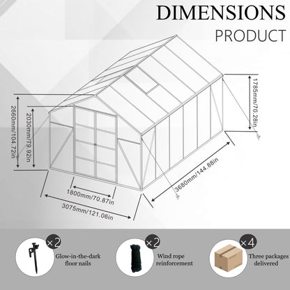 92in High 10*14FT Greenhouse for Outdoors,Polycarbonate Greenhouse with Stronger Wind Protection and Roof Vent,Walk-in Large Aluminum Sunroom Winter Proof,Black