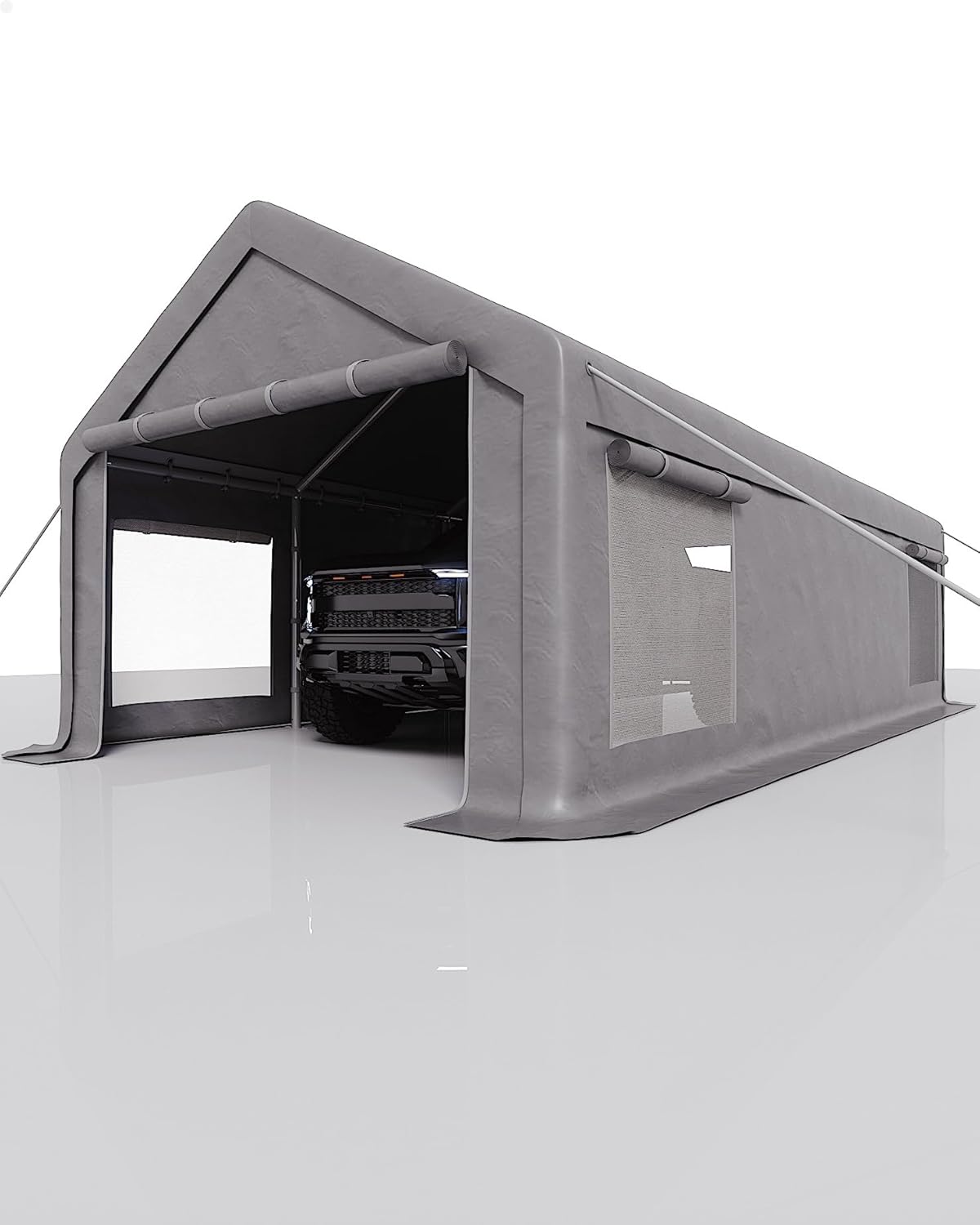 GarveeLife 13x25 ft Carport with 10 Sandbags, Car Port with 220 g PE Tarp, 2 Roll-Up Doors, and 4 Windows, for Full-Size Pickups, Bass Boats, Tractors, and SUVs, Gray