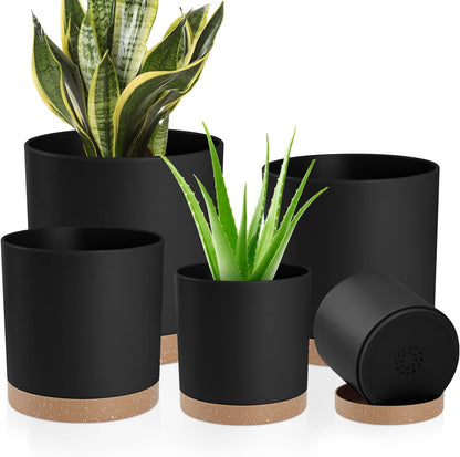 Plant Pots with Drainage Holes and Saucers – 7, 6.5, 6, 5, 4 Inch Plastic Planters for Indoor Outdoor Plants, Modern Matte Finish, Lightweight & Durable（Black）