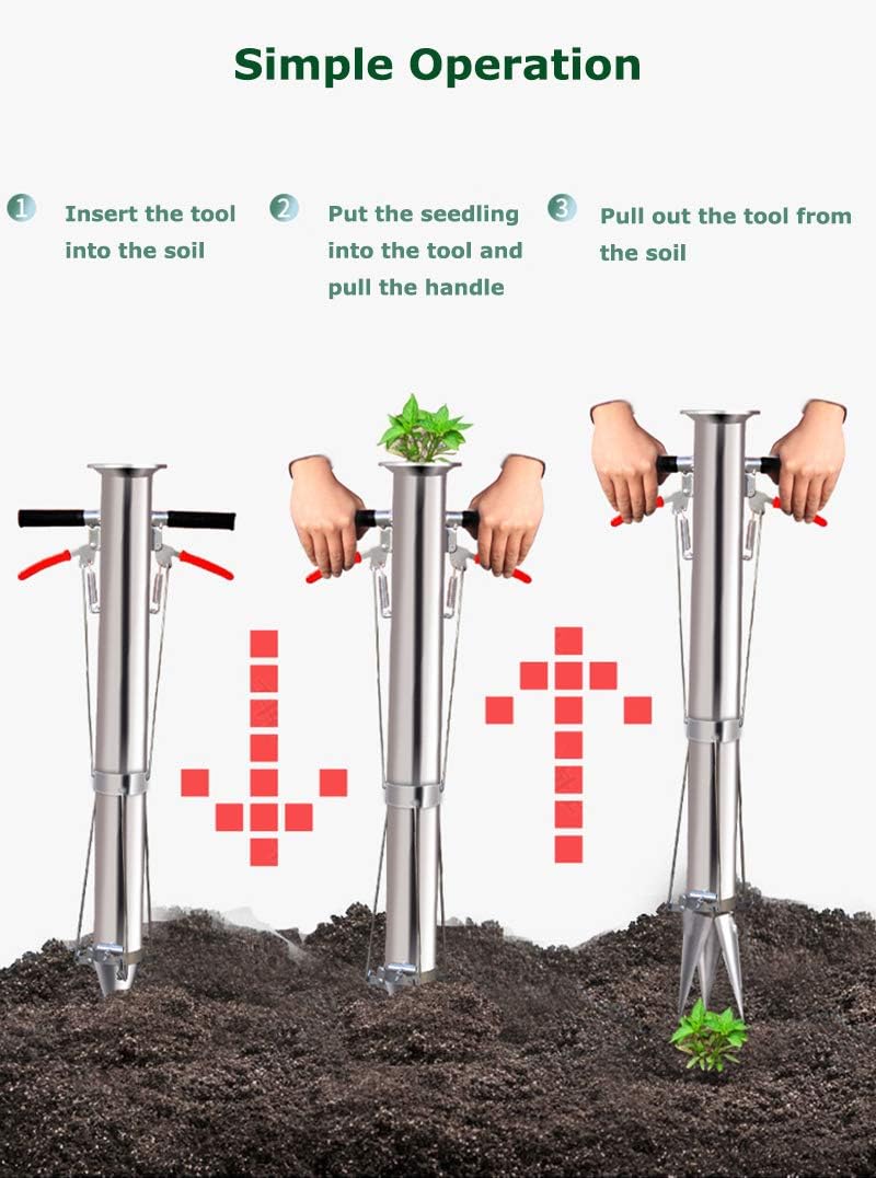 Seedling Transplanting Bulb Planter Tool Long Handle, Vegetable Young Plant Manual Plant Transplanter, Double Handle Stainless Steel Planting Garden Tools with Pedal for Garden, Greenhouse