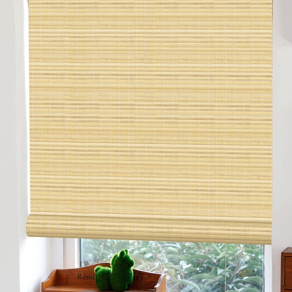LETAU Cordless Wood Window Roller Shades, Bamboo Light Filtering Window Blinds for Indoor Home, Office, Kitchen, Pattern 1