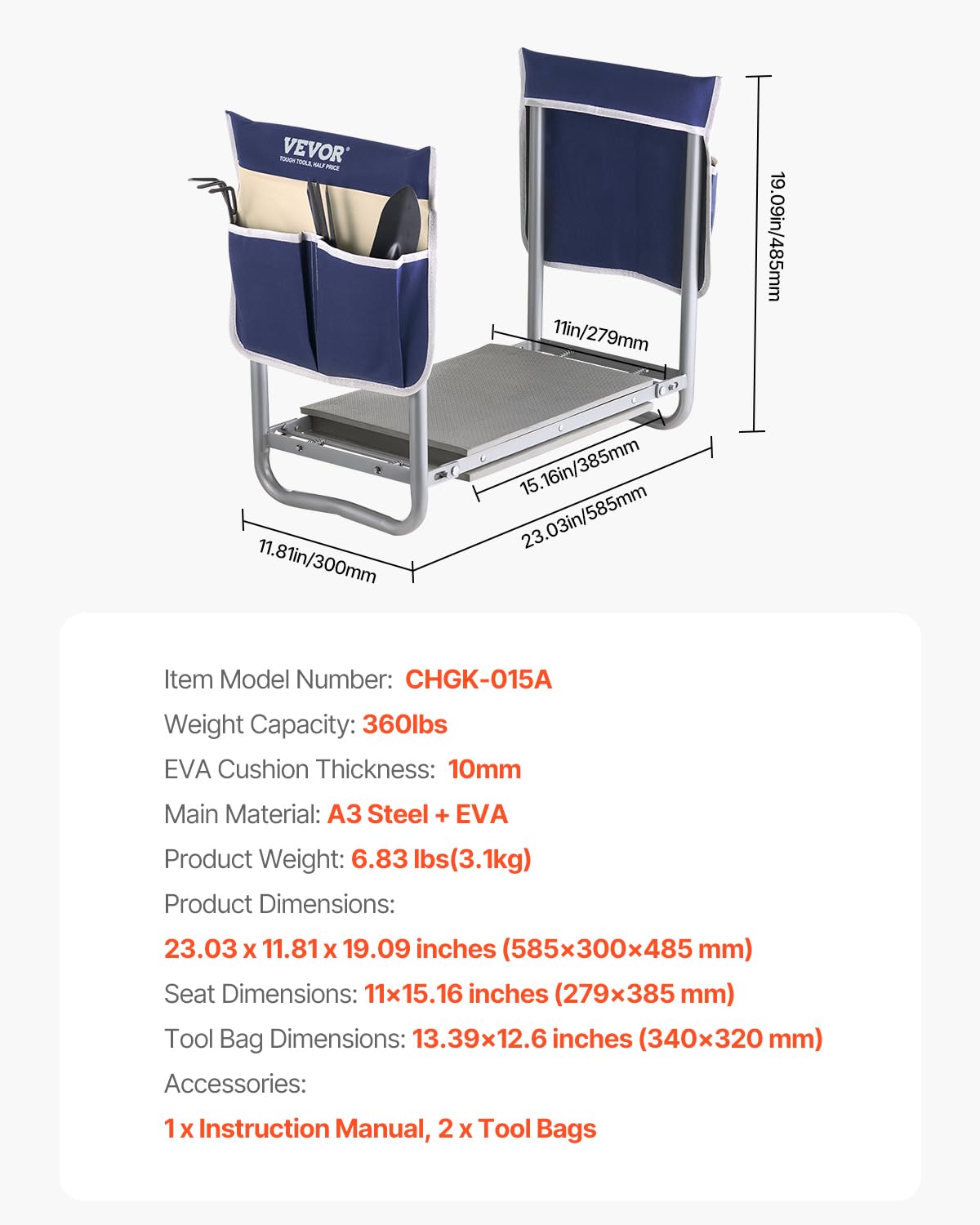 VEVOR Garden Kneeler and Seat Heavy Duty, Portable Garden Stool with 11'' EVA Kneeling Pad and 2