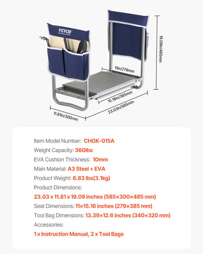 VEVOR Garden Kneeler and Seat Heavy Duty, Portable Garden Stool with 11'' EVA Kneeling Pad and 2
