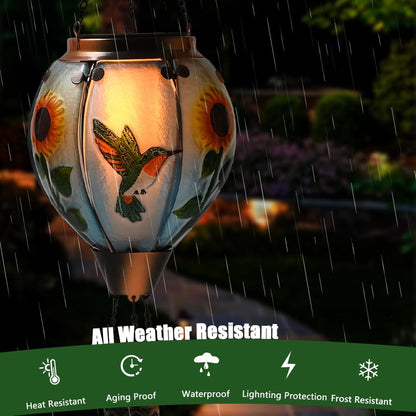 Hot Air Balloon Solar Lantern - Large Hummingbird Glass Lantern, Simulated Flickering & Dancing Flame, Outdoor Hanging Sunflower Yard Light Waterproof IP65 for Patio Lawn Porch Decor Gift