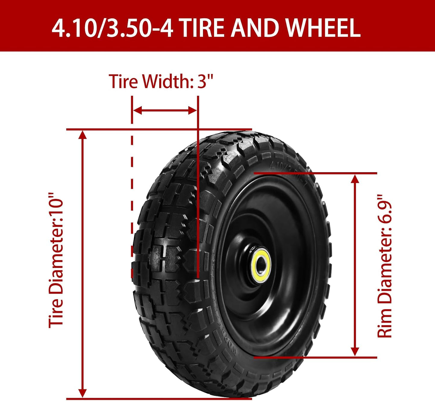 10" Solid Tires (4-Pack) - 4.10/3.50-4 Flat-Free Replacement Wheels for Gorilla Carts, Wheelbarrows, Garden Carts & Utility Wagons - 5/8" Axle Bore 2.1" Hub