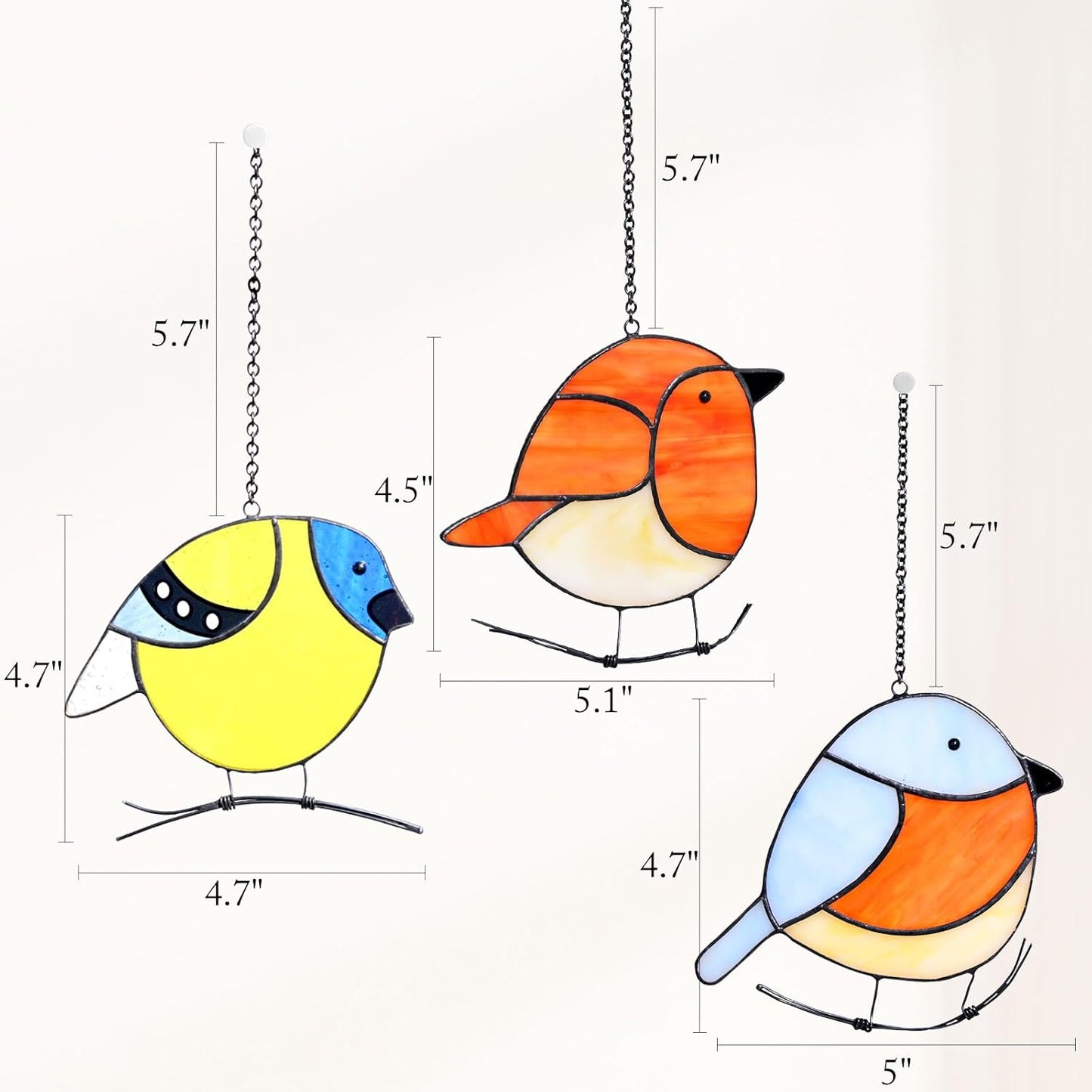3 Pack Birds Stained Glass Suncatchers, Handmade Window Hanging, Cute Sun Catchers, Indoor Outdoor Decoration, Gifts for Women Men Bird Lover Gardener, 3 Removable Hangers Given
