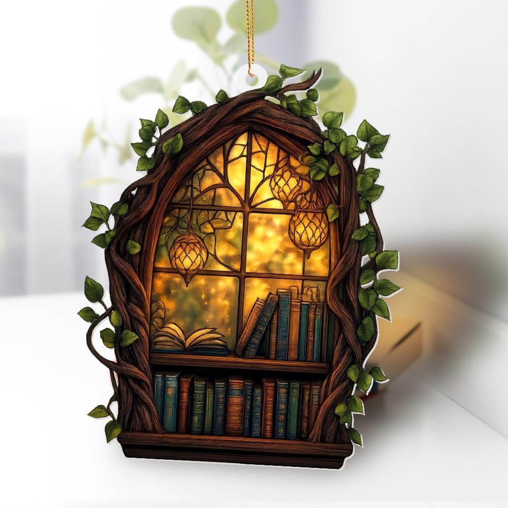Gothic Window Book Ornament – Stained Glass Style Acrylic Christmas Ornament with Books & Ivy, Fantasy Home Décor, Book Lover Gifts for Women, Teacher & Librarian Holiday Decoration(Sun-19)