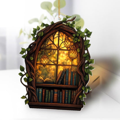 Gothic Window Book Ornament – Stained Glass Style Acrylic Christmas Ornament with Books & Ivy, Fantasy Home Décor, Book Lover Gifts for Women, Teacher & Librarian Holiday Decoration(Sun-19)