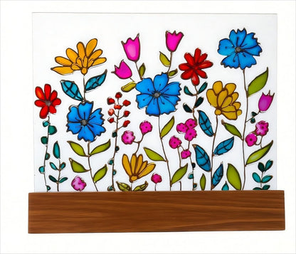Wildflower Sun Catcher with Wooden Platform Stained Glass Suncatcher Wildflowers Gifts for Women Hand Painted Windowsill Decoration Housewarming Birthday Gift for Women Mother Mom Grandma Friends