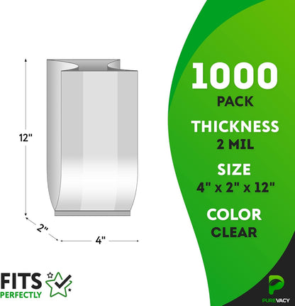 Gusseted Plastic Bags, 4 x 2 x 12 Inches. Pack of 1000 Clear Gusseted Poly Bags. 2 Mil Polyethylene Flat Bottom Bag with Side Gusset. Plastic Bread Bag. Clear Baggies for Treats