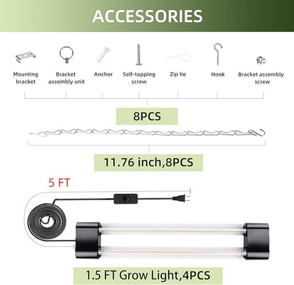 Hlite18inch 4 Pack LED Grow Lights - Linkable Grow Lights for Indoor Plants, Full Spectrum Plant Lights Plug and Hanging Design with On/Off Switch Hanging Grow Light from Seedling to Flowering, Black