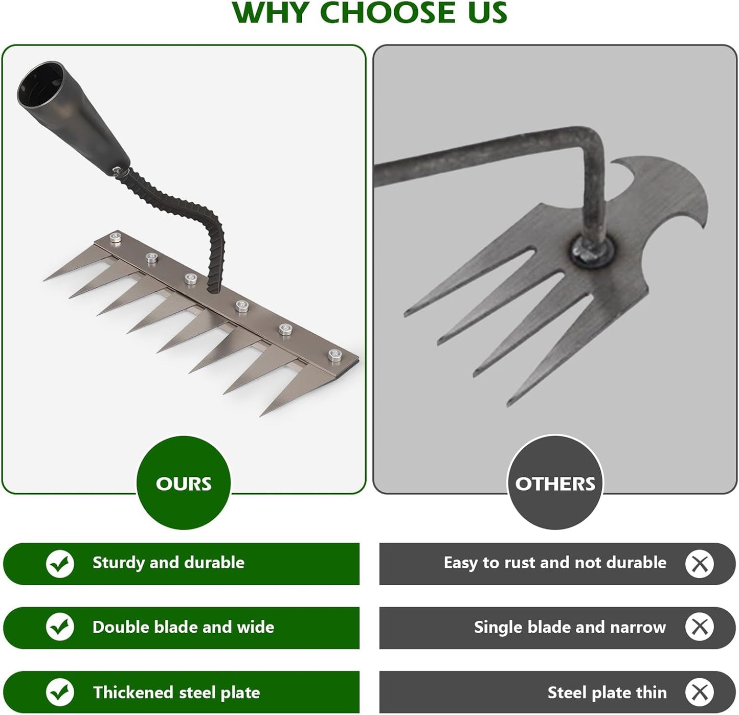 Iron Weeding Rake 2.0, New 5/6/7/8 Teeth Carbon Steel Garden Weeder Rakes, Weeder Puller Tool for Yard Lawn and Garden, Heavy Duty Metal Rake for Lawn, Flower Beds & Soil Aeration (7 Teeth)