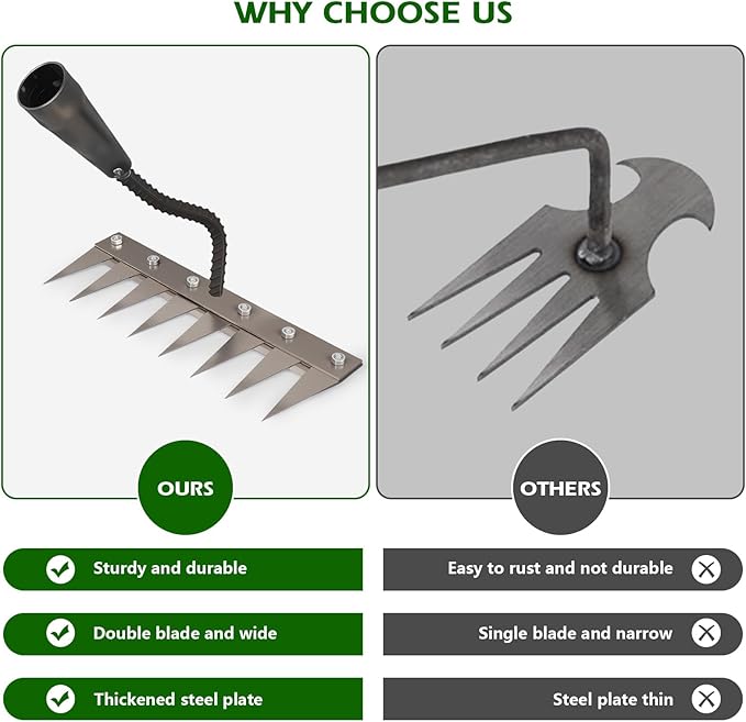 Iron Weeding Rake 2.0, New 5/6/7/8 Teeth Carbon Steel Garden Weeder Rakes, Weeder Puller Tool for Yard Lawn and Garden, Heavy Duty Metal Rake for Lawn, Flower Beds & Soil Aeration (6 Teeth)