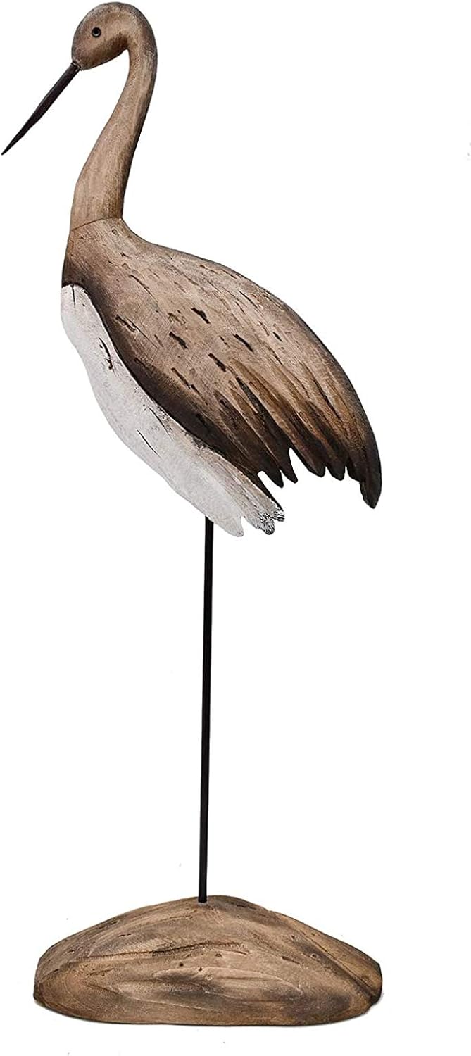 Morning View Wooden Crane Decor Wood Sea Birds Statue Bird Figurines Seabird Statue Standing Cranes Decorations Coastal Sculpture Nautical Beach Ocean Home Table Garden Yard Lawn Outdoor 24.5 Inch