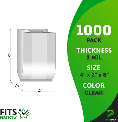 Gusseted Plastic Bags, 4 x 2 x 8 Inches. Pack of 1000 Clear Gusseted Poly Bags. 2 Mil Polyethylene Flat Bottom Bag with Side Gusset. Plastic Bread Bag. Clear Baggies for Treats