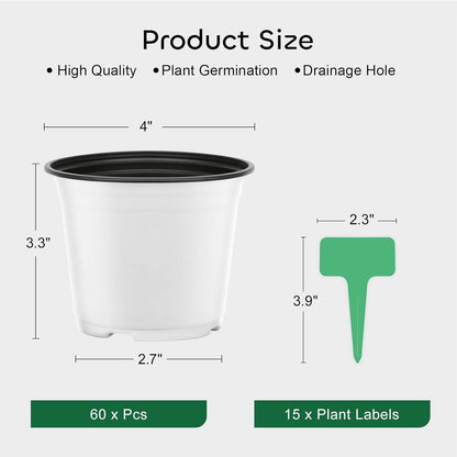 GROWNEER 60 Pack 4 Inch Thick Plastic Nursery Pots with 15 Plant Labels, White Seedling Starter Set for Indoor Outdoor Flower Planting and Garden Transplants Planter
