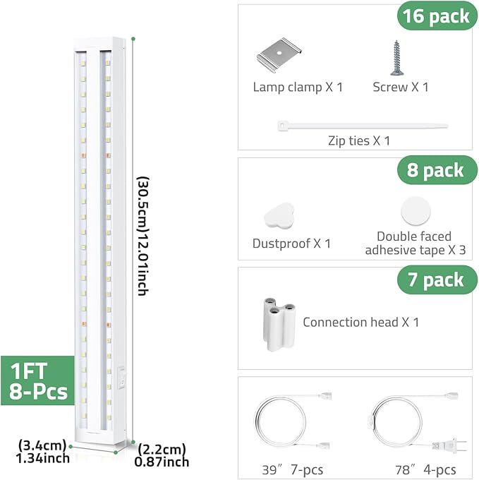 FOXGARDEN Grow Lights for Indoor Plants, 1FT 64W (8×8W) Full Spectrum LED Plant Growing Lamp, Grow Light Strip, Plug and Play, Linkable, Separate Switch, 8-Pack