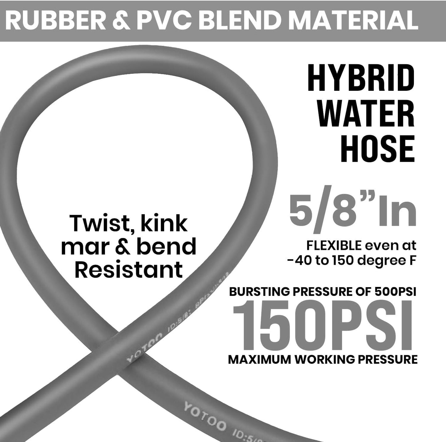 YOTOO Heavy Duty Hybrid Garden Water Hose 5/8-Inch by 25-Feet 150 PSI Kink Resistant, Flexible with Swivel Grip Handle and 3/4" GHT Solid Brass Fittings, Gray