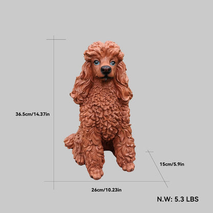 Poodle Outdoor Garden Statue with Double-Sided “Welcome/ON Patrol” Hanging Sign and Solar Lantern, Brown Sitting Dog for Porch, Path & Yard Décor