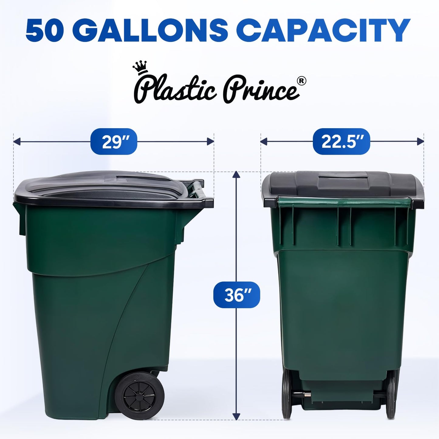 50-Gallon Rollout Trash Can with Lid, Commercial Heavy-Duty Container with Wheels, Green