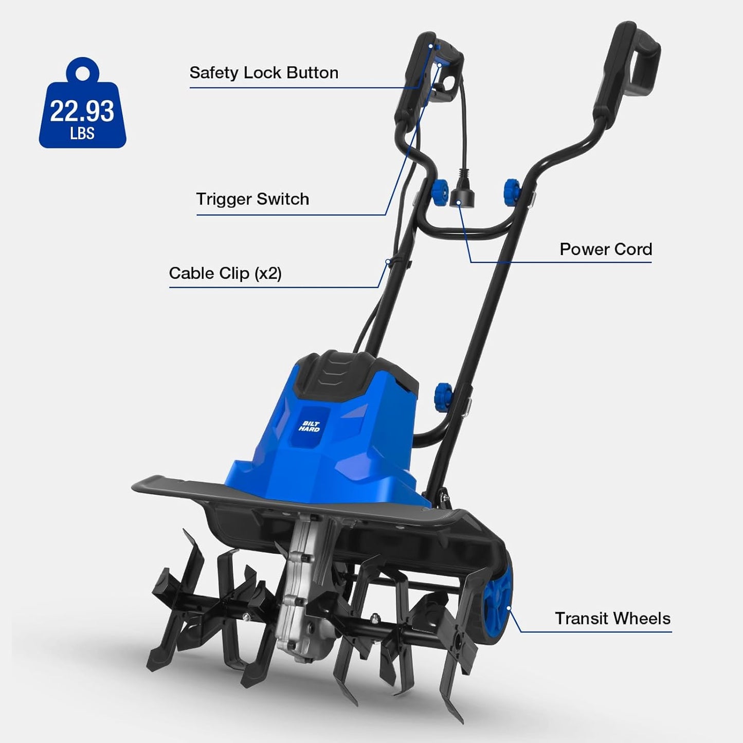 BILT HARD 16-Inch Corded Garden Tiller Cultivator, 13.5-Amp 6 Steel Tines Tillers with Adjustable Wheels & Foldable Handle, 8-Inch Tillling Depth Electric Rototiller for Lawn/Yard/Garden Soil Digging
