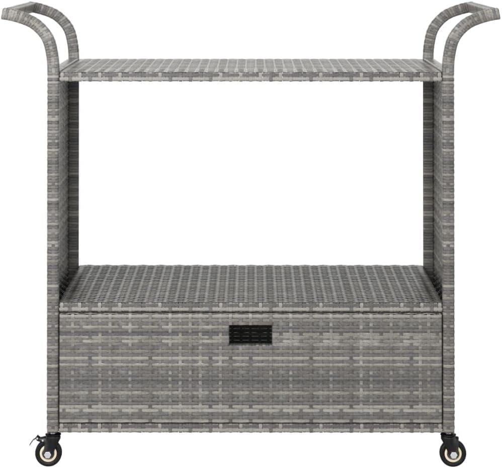 Outdoor Rolling Wicker Bar Cart with Drawer, Portable Bar Cart with Wheels, Patio Kitchen Island Cart for Pool Deck Backyard, Gray 39.4"x17.7"x38.2" Poly Rattan -461