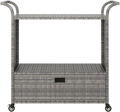 Outdoor Rolling Wicker Bar Cart with Drawer, Portable Bar Cart with Wheels, Patio Kitchen Island Cart for Pool Deck Backyard, Gray 39.4"x17.7"x38.2" Poly Rattan -461
