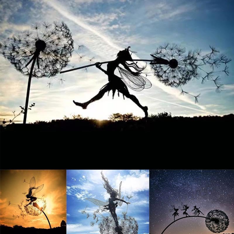 Flower Fairy Dancing with Dandelion Garden Art Sculpture Stainless Steel Statue Christmas Halloween Decoration for Outdoor Yard Courtyard Lawn Patio Metal Ornaments (Wave)