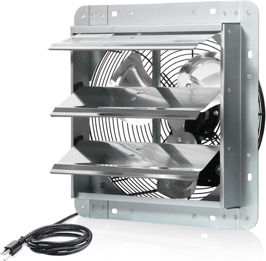 JVO 12 Inch Shutter Exhaust Fan 1450 CFM High-Powered Ventilation, Ideal for Attics, Greenhouses, Garages and Chicken Coops - Wall Mount for Easy Installation (12 inch Fan Wtih Power Cord)