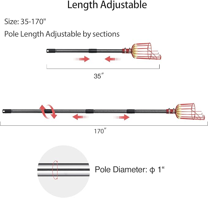 Fruit Picker Pole Tool with Basket Telescoping, Adjustable Apple Picker Pole 35-170 inch Long Handle, Mango Orange Avocado Fig Acorn Lemon Pear Pomelo Chery Picker for Tree