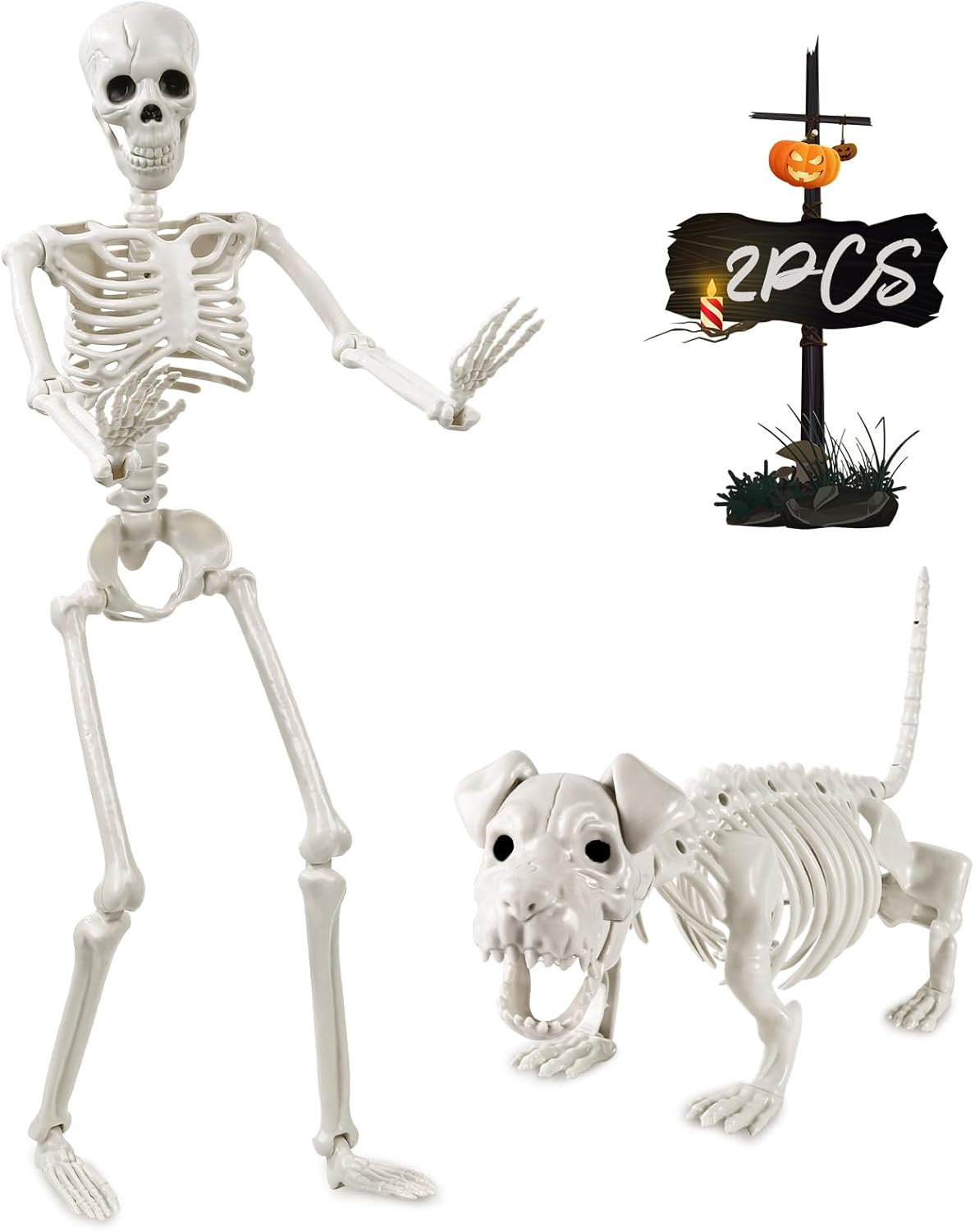 YUJUN 36'' Halloween Skeleton Decoration with Dog Skeleton, 3ft Full Body Posable Skeleton Realistic Plastic Bones Movable Joints for Halloween Party Yard Haunted House Props Indoor Outdoor Decor