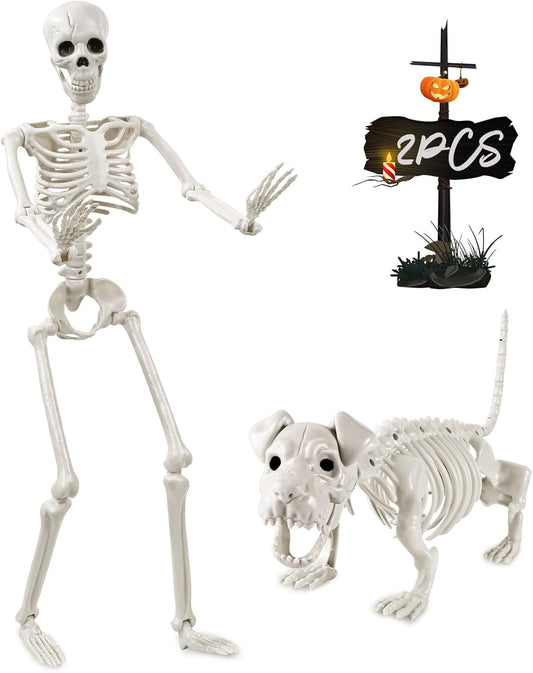 YUJUN 36'' Halloween Skeleton Decoration with Dog Skeleton, 3ft Full Body Posable Skeleton
