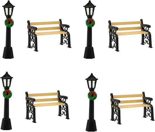 LOGOFUN 8Pcs Mini Street Lamp Post Miniature Park Bench Seat Mini Street Light Models Dollhouse Christmas Village Pathway Lantern Post for Xmas Fairy Garden Accessories