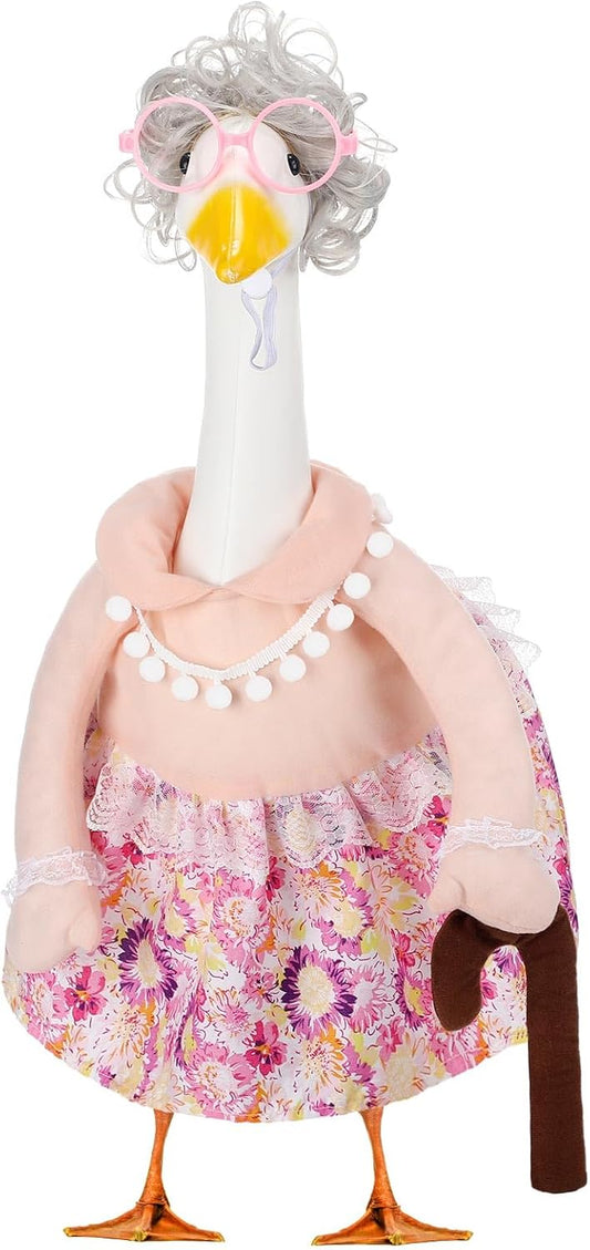 Abbylike Halloween Porch Goose Outfits Old Lady Goose Clothes with Silver Wig Sunglasses for 23" Geese Grandma Costume Halloween Outdoor Patio Yard Lawn Decoration